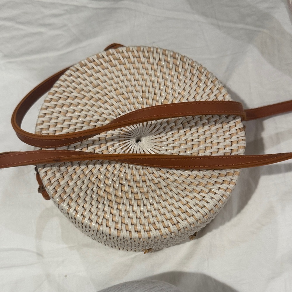 Round Woven Straw Bag with Tan Strap